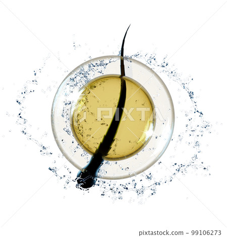 3d restore and nourish hair, scalp with shampoo, serum, treatment hair care, bubbles, oil liquid drop, water splash isolated. 3d render illustration 99106273