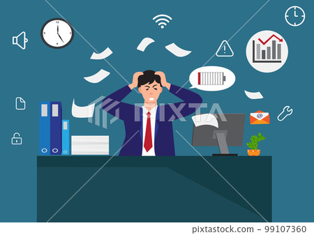 man working in the office Severe headache patient Upset businessman sitting at the table put your hands behind your head. vector illustration 99107360