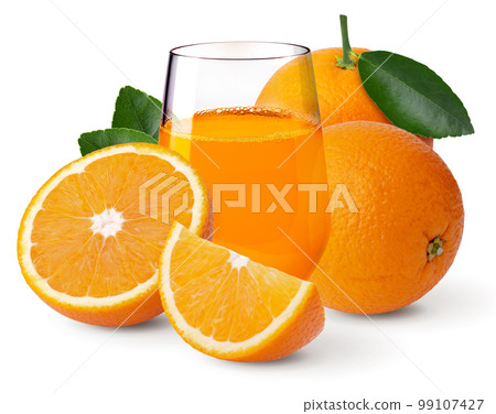 Glass of orange Juice and fresh orange fruit isolated on a white background 99107427