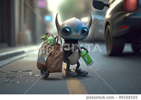 Miniature alien on the way home from shopping Miniature alien on the way home from shopping 99108585
