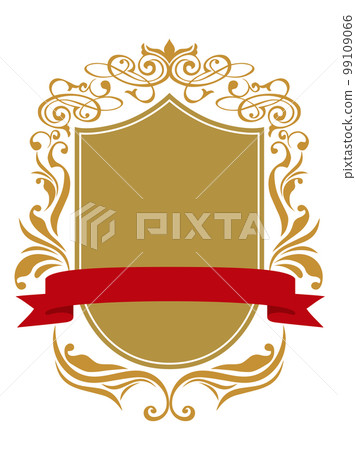 Emblem-style orient pattern, arabesque pattern, and damask pattern decorative ruled vintage frame with ribbon 99109066