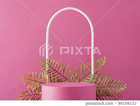 Magenta trend color background with a podium pedestal for showing the product and green eco plant. Magenta trend color background with a podium pedestal for showing the product and green eco plant. 99109152