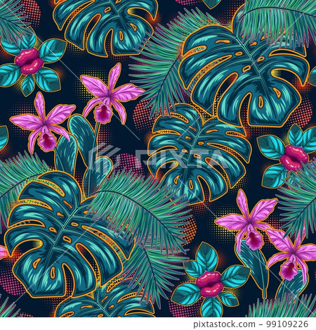 Seamless fantasy pattern with tropical vegetation, halftone shapes. Monstera, palm leaves, orchid, exotic flower like lips. Neon glowing backlight. Vintage illustration for prints, textile design Seamless fantasy pattern with tropical vegetation, halftone shapes. Monstera, palm leaves, orchid, exotic flower like lips. Neon glowing backlight. Vintage illustration for prints, textile design 99109226