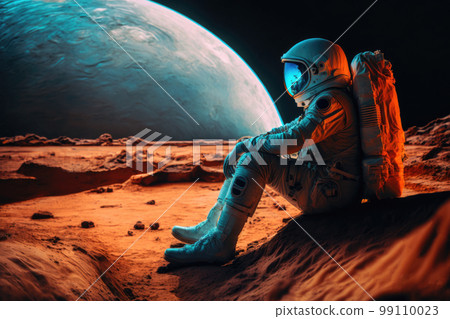 宇航員坐在火星荒野中仰望天空 99110023