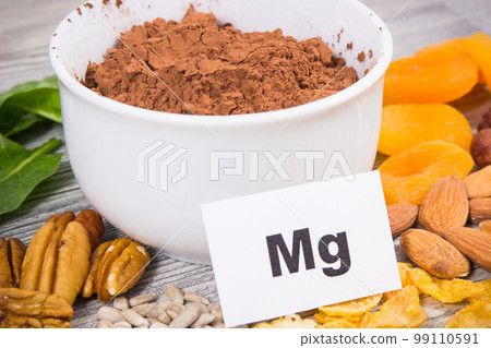 Inscription Mg, healthy food and various ingredients as source natural magnesium, dietary fiber Inscription Mg, healthy food and various ingredients as source natural magnesium, dietary fiber 99110591