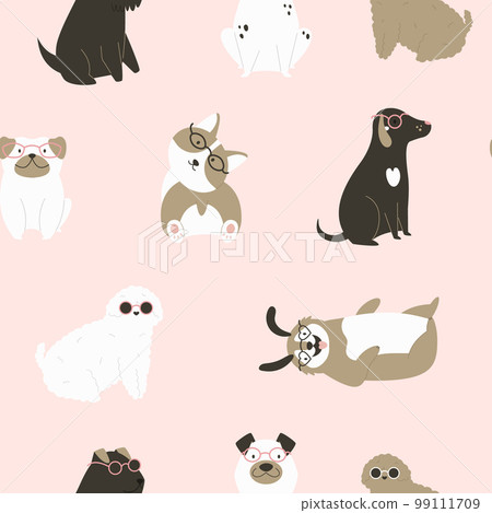Seamless patterns with funny adorable dogs of different breeds on pink background 99111709