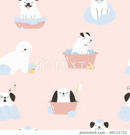 Seamless patterns with funny washing dogs of different breeds Seamless patterns with funny washing dogs of different breeds 99111713