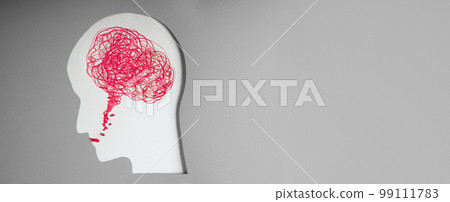 Mental Health Disorder Concept. Weak, Stressed Down Woman. Negative Feeling. Depressed Emotional inside a Brain and Mind. Red Messy Draw Line from Lips to Brain 99111783
