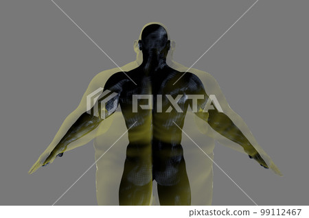 3D render. Athletic man inside an obese body on a gray background. 99112467
