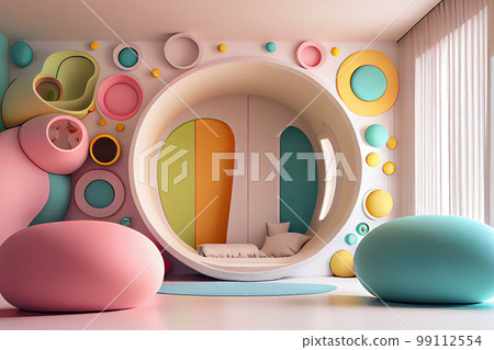 A vibrant, futuristic children's room with high-tech amenities and playful design elements, generative ai A vibrant, futuristic children's room with high-tech amenities and playful design elements, generative ai 99112554