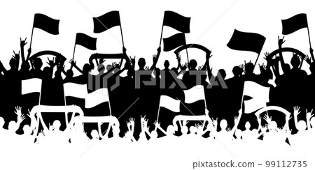 Stadium fans celebration. Friends crowd. Men and women with flags. Clubbing disco persons. People silhouettes. Soccer or baseball spectators. Vector black and white audience illustration Stadium fans celebration. Friends crowd. Men and women with flags. Clubbing disco persons. People silhouettes. Soccer or baseball spectators. Vector black and white audience illustration 99112735