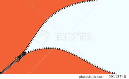 Tailor zipper. Clothing fastener. Detailed zip. Ziplock for clothes. Casual apparel. Metal teeth. Black metal pouch on orange textile. Fabric fastening. Vector blank background concept 99112746