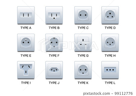 Sockets types. UK electric plugs. Plastic switch and wire on wall for American and British country. Electricity power. Energy supply. Electrical connectors set. Vector 3D illustration Sockets types. UK electric plugs. Plastic switch and wire on wall for American and British country. Electricity power. Energy supply. Electrical connectors set. Vector 3D illustration 99112776
