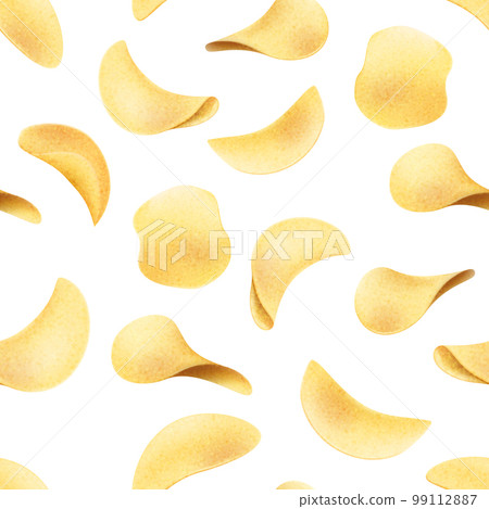 Potato chips, food party pattern. Cooking diet meal, snack collage, baked or fried vegetable pieces, lunch from market. Product wrapping or packaging design vector seamless background 99112887
