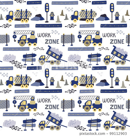 Cute vehicle. Simple cars pattern. Countryside tractor print. Farm machinery childish background design. Industrial trucks driving on highway. Work automobiles. Vector seamless wallpaper 99112903