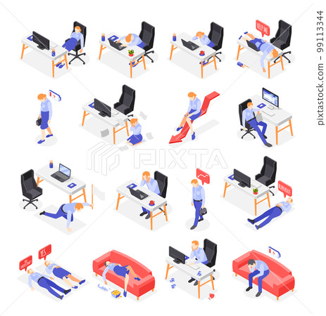 Burn-out Syndrome Isometric Icons Set 99113344