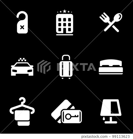 Set of simple icons on a theme Hotel, moving, traveling, vector, set. Black background Set of simple icons on a theme Hotel, moving, traveling, vector, set. Black background 99113623