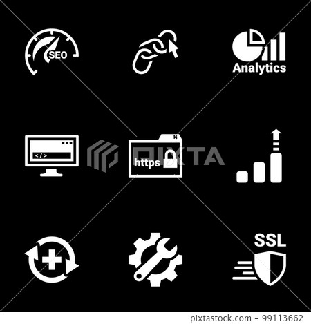 Icons for theme SEO Optimization and Security, vector, icon, set. Black background 99113662