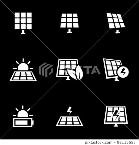 Icons for theme solar panels, vector, icon, set. Black background Icons for theme solar panels, vector, icon, set. Black background 99113685
