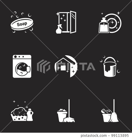 Icons for theme House Cleaning. Black background 99113895