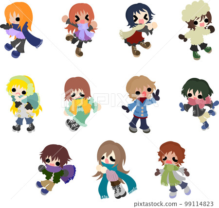 Icon set of cute children dressed in various winter fashions 99114823