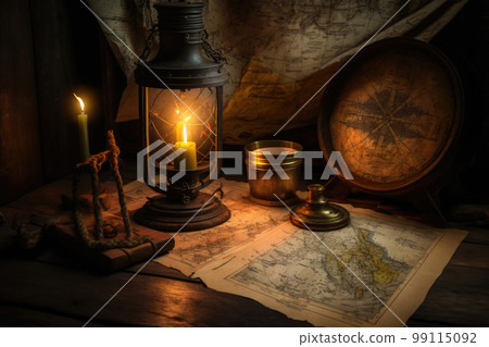 Old map and compass on the desk 99115092