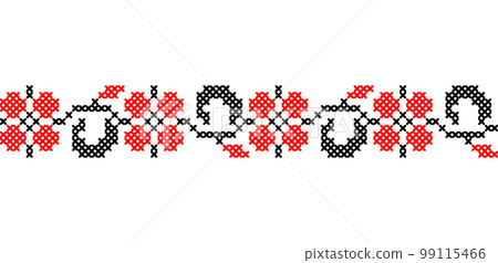Ukraine border pattern, vector ornament. Ukraine folk, ethnic geometric embroidery. Border pattern in red and black colors. Pixel art, vyshyvanka, cross stitch Ukraine border pattern, vector ornament. Ukraine folk, ethnic geometric embroidery. Border pattern in red and black colors. Pixel art, vyshyvanka, cross stitch 99115466