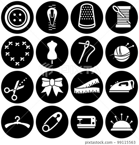Set of simple icons on a theme sewing equipment and needlework, vector, design, collection, flat, sign, symbol,element, object, illustration. White background 99115563