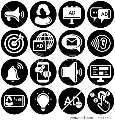 Set of simple icons on a theme Advertising, marketing, business, news, work, telemarketing, promotion, communication, internet , vector, set. White background 99115590