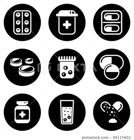 Set of simple icons on a theme Medicines, medicine, tablets, antidepressant, vector, set. White background Set of simple icons on a theme Medicines, medicine, tablets, antidepressant, vector, set. White background 99115602