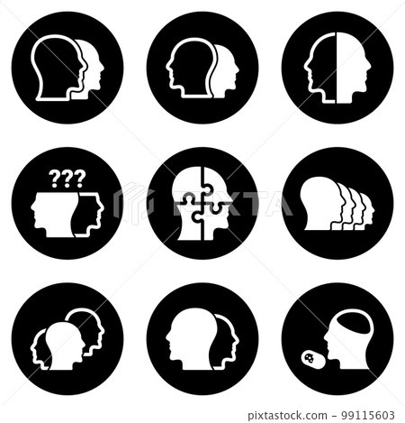 Set of simple icons on a theme Schizophrenia, mental health, psychology , vector, set. White background Set of simple icons on a theme Schizophrenia, mental health, psychology , vector, set. White background 99115603