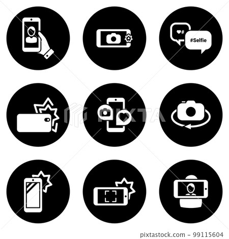 Set of simple icons on a theme Self, photo, camera, phone, mobile, interaction, technology, vector, set. Black icons isolated against white background Set of simple icons on a theme Self, photo, camera, phone, mobile, interaction, technology, vector, set. Black icons isolated against white background 99115604