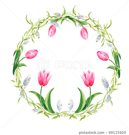 Easter floral wreath with spring tulips, plumelets willow branches. Watercolor hand drawn illustration. Perfect for cards, posters, festive designs. 99115920