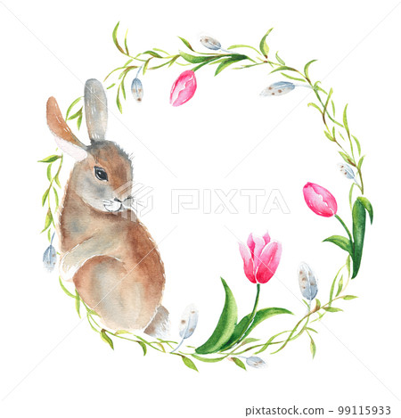 Easter wreath with cute bunny isolated on white background. Pink tulips, willow branches, plumelets. Watercolor illustration. Perfect for cards, posters, festive designs 99115933