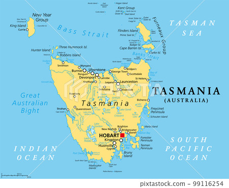 Tasmania, island state of Australia, political map. Located south of the Australian mainland, separated from it by Bass Strait, surrounded by 1000 islands, with the capital and largest city Hobart. Tasmania, island state of Australia, political map. Located south of the Australian mainland, separated from it by Bass Strait, surrounded by 1000 islands, with the capital and largest city Hobart. 99116254