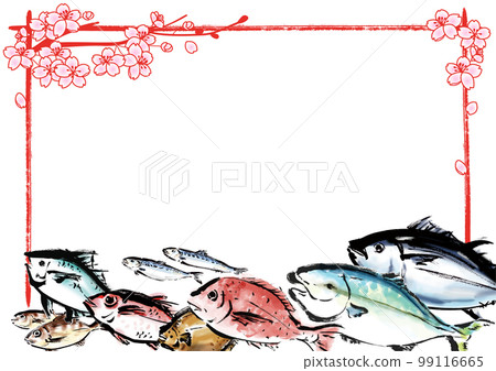 手繪海鮮套裝插畫框架與春天的櫻花 99116665