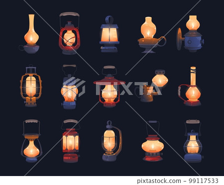 Cartoon lantern. Old gas kerosene lamp with burning wick and handle, portable tourist camping or hiking lighting equipment flat style. Vector isolated set 99117533