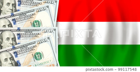 Dollars on flag of Hungary, Hungarian finance, subsidies, social support, GDP concept Dollars on flag of Hungary, Hungarian finance, subsidies, social support, GDP concept 99117548