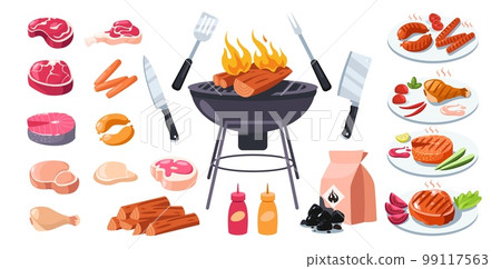 Barbecue grill. Cartoon bbq elements set, brazier coal kebab skewers sausages sauce meat steaks, picnic equipment to prepare food. Vector flat collection 99117563