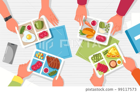 Hands with lunchbox. Arms holding containers with healthy food on table top view, cartoon flatlay with packed bags full of fruits vegetables. Vector illustration Hands with lunchbox. Arms holding containers with healthy food on table top view, cartoon flatlay with packed bags full of fruits vegetables. Vector illustration 99117573