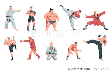Martial arts fighters. Cartoon warrior characters sparring and training in uniform, traditional fight activity karate judo aikido sports. Vector isolated set 99117585