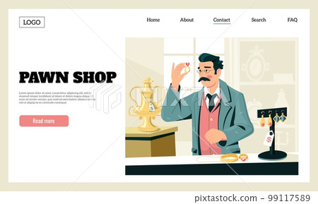 Pawn shop landing. Jewelry store worker estimates the cost of diamond ring, showcase with expensive precious things. Vector cartoon website template Pawn shop landing. Jewelry store worker estimates the cost of diamond ring, showcase with expensive precious things. Vector cartoon website template 99117589