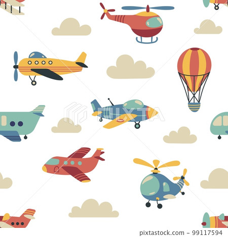 Baby air transport pattern. Seamless print of cute childish aviation, nursery wallpaper with doodle kid airplane helicopter transportation. Cartoon vector texture Baby air transport pattern. Seamless print of cute childish aviation, nursery wallpaper with doodle kid airplane helicopter transportation. Cartoon vector texture 99117594