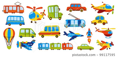 Childish transport. Cute cartoon train taxi car plane blimp hot air balloon, set of funny flat road vehicle toys doodle style. Vector isolated collection Childish transport. Cute cartoon train taxi car plane blimp hot air balloon, set of funny flat road vehicle toys doodle style. Vector isolated collection 99117595