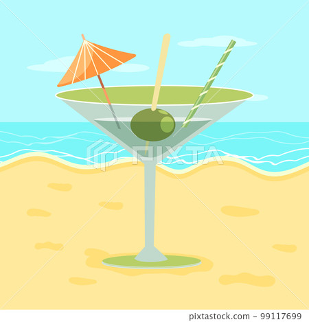 Summer refreshing cocktail with an olive, a cocktail umbrella and a straw on the sea beach. Illustration, postcard, vector Summer refreshing cocktail with an olive, a cocktail umbrella and a straw on the sea beach. Illustration, postcard, vector 99117699