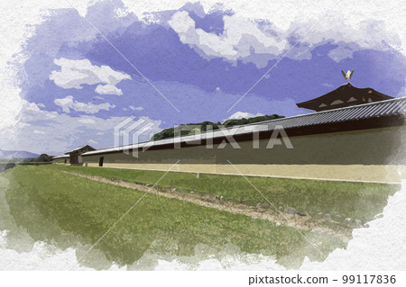 Watercolor-style Heijokyo Ruins Historical Park Construction Section Toin Garden South Gate Nara City, Nara Prefecture 99117836