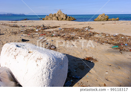 Marine debris washed ashore on a beautiful crystal beach 99118317