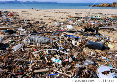 Marine debris washed ashore on a beautiful crystal beach 99118348