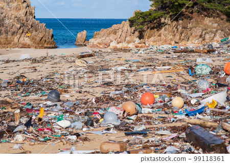 Marine debris washed ashore on a beautiful crystal beach 99118361
