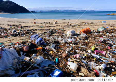 在美麗的水晶海灘上沖上岸的海洋垃圾 99118507